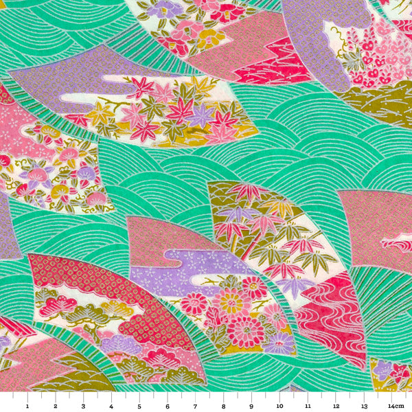 Papier Japonais - Eventails multicolores sur fond turquoise avec des vagues - M455-Papier japonais-AdelineKlam