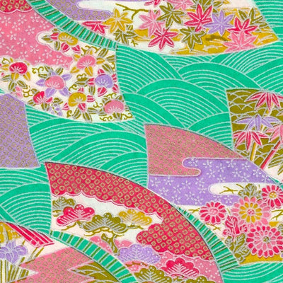 Papier Japonais - Eventails multicolores sur fond turquoise avec des vagues - M455-Papier japonais-AdelineKlam