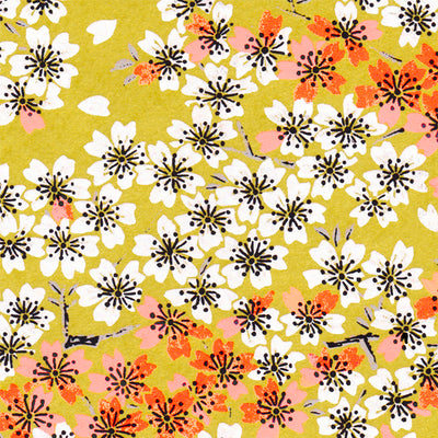 Papier Japonais - Fleurs de cerisier - jaune moutarde - M576-Papier japonais-AdelineKlam