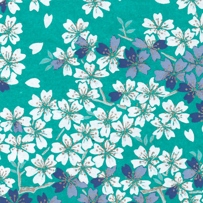 Papier Japonais - Fleurs de cerisier - turquoise - M625-Papier japonais-AdelineKlam