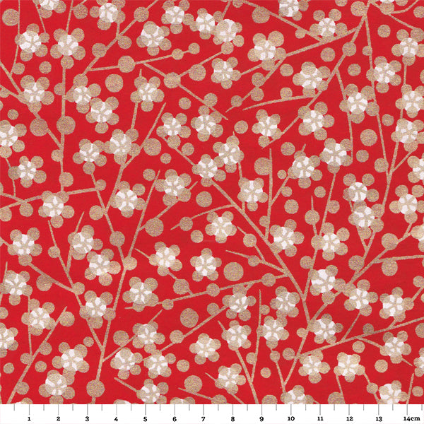 Papier Japonais - Fleurs et branches Or - Fond rouge - M637-Papier japonais-AdelineKlam