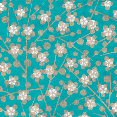 Papier Japonais - Fleurs et branches Or - Fond turquoise - M638-Papier japonais-AdelineKlam
