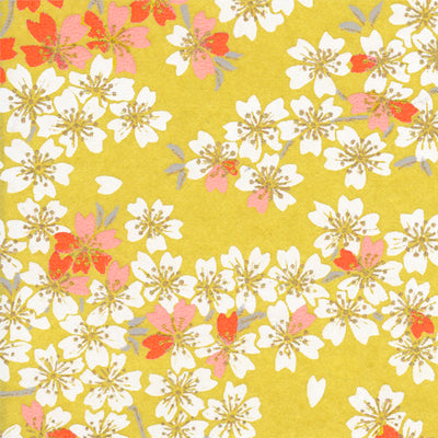 Papier Japonais - Fleurs de cerisier - moutarde - M654-Papier japonais-AdelineKlam