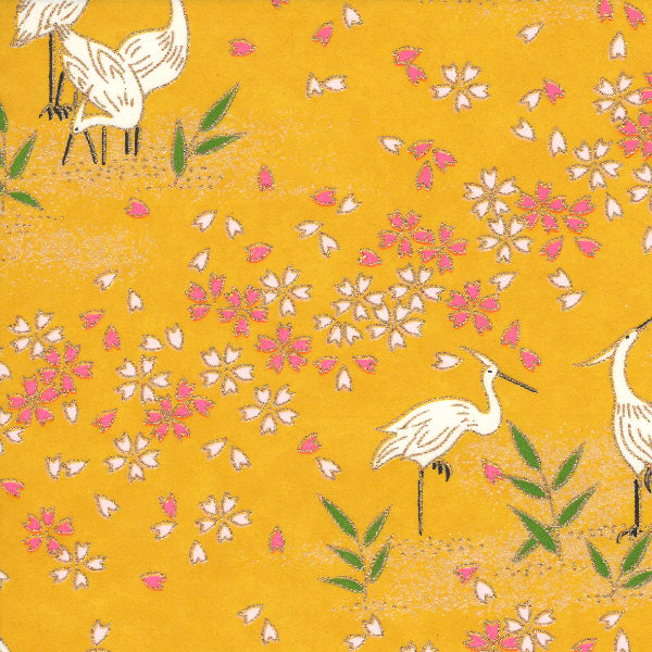 Applique murale japonaise 3 bandes - Grues fond moutarde, Vagues orange - M659 et M476