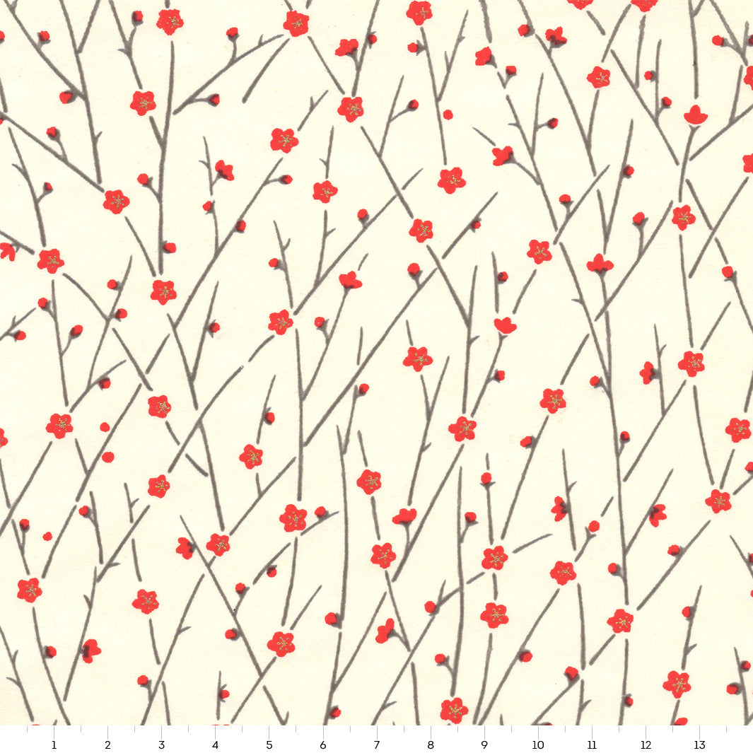 Japanese Paper - Fine Flowering Branches - Red, Cream and Dark Gray - M672