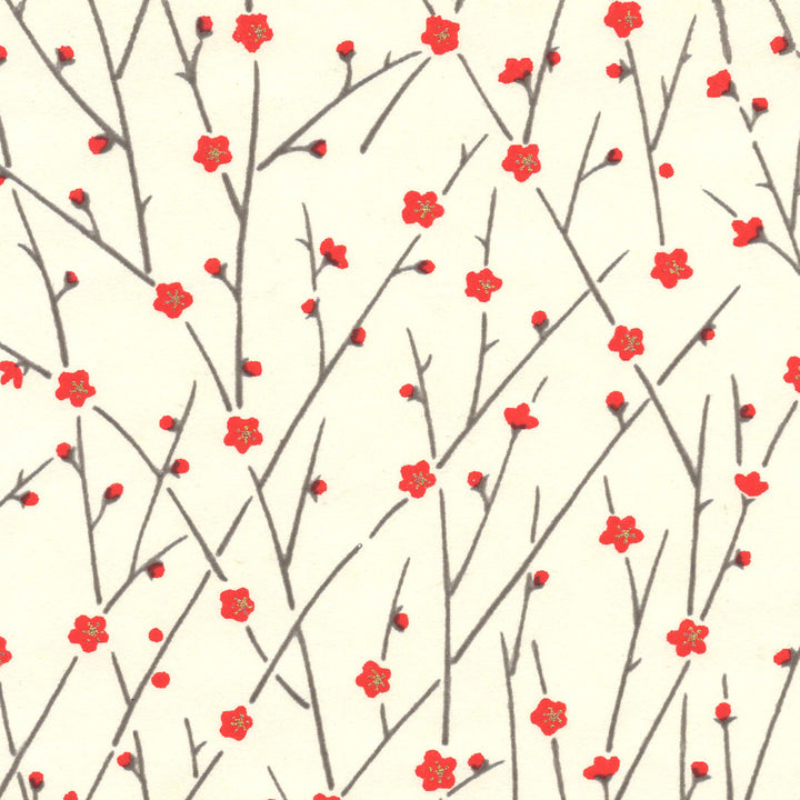 Papier Japonais - Fines Branches en Fleurs - Rouge, Crème et Gris Foncé - M672