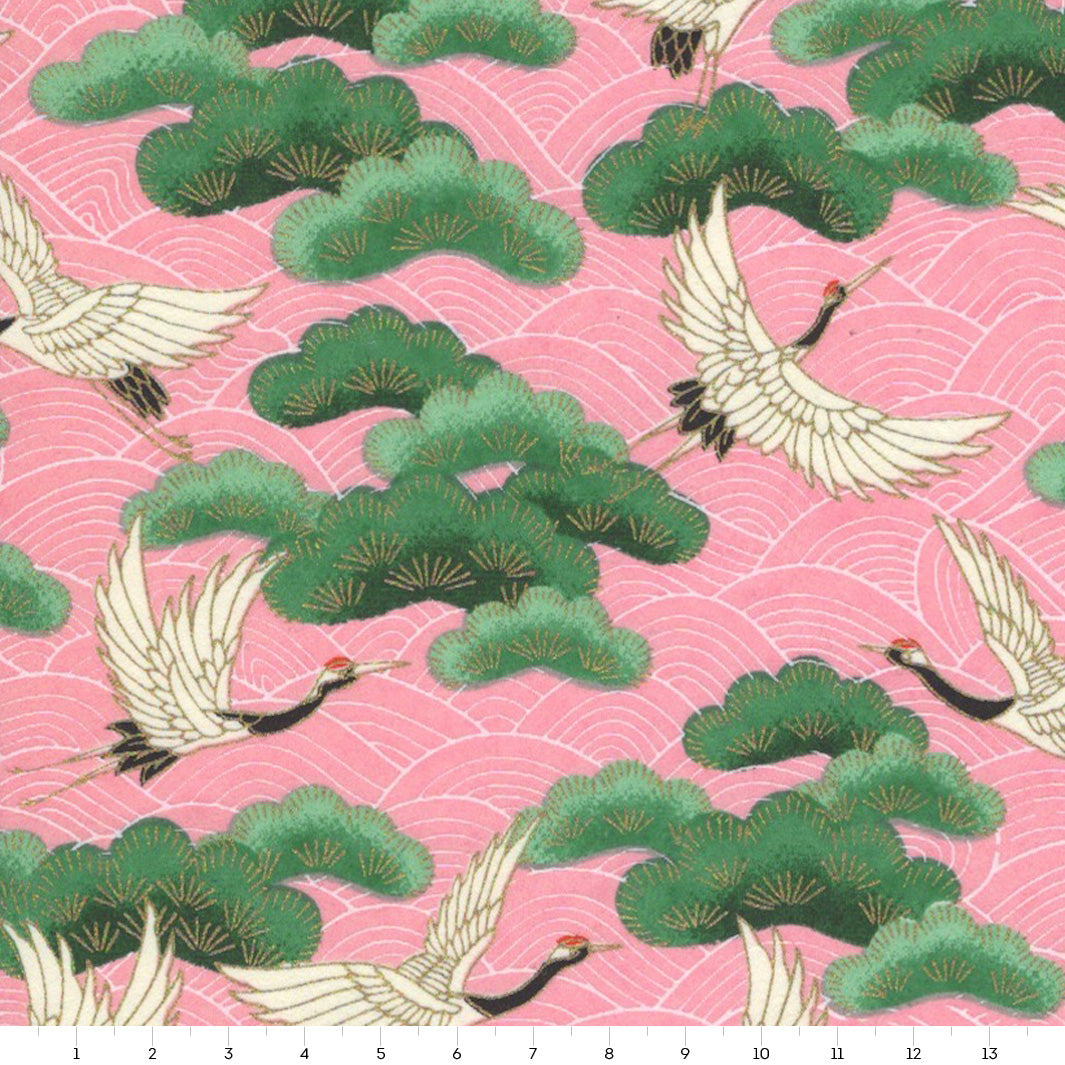 Japanese Paper - Cranes, Pines and Waves - Pink Background - M686