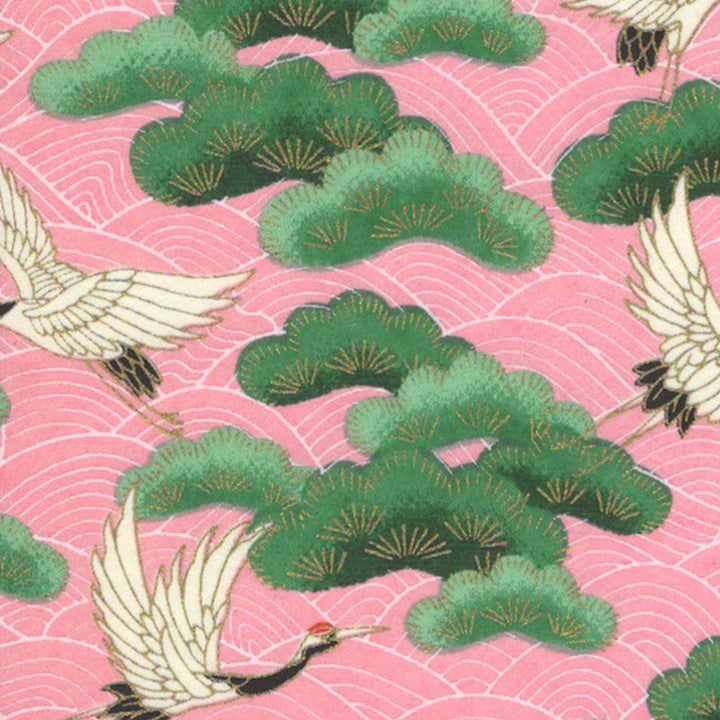 Carte Carrée Double en Papier Japonais - 13cm - Grues, Pins et Vagues - Rose et Vert - M686