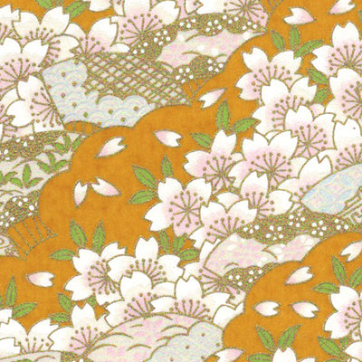 Papier Japonais - Fleurs de cerisier et Éventails - Moutarde - M688-Papier japonais-AdelineKlam