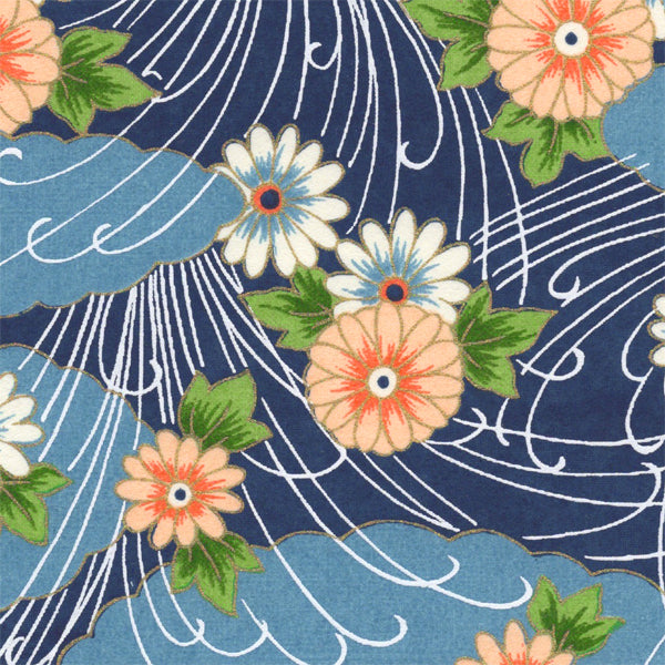 Applique murale japonaise - Chrysanthèmes et Nuages fond bleu - M723