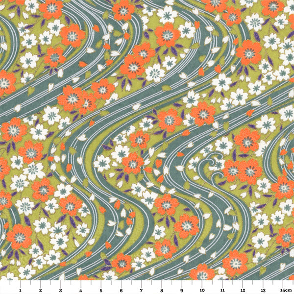 Papier Japonais - Fleurs de cerisier et Rivière - Orange, Vert, Bleu - M733-Papier japonais-AdelineKlam