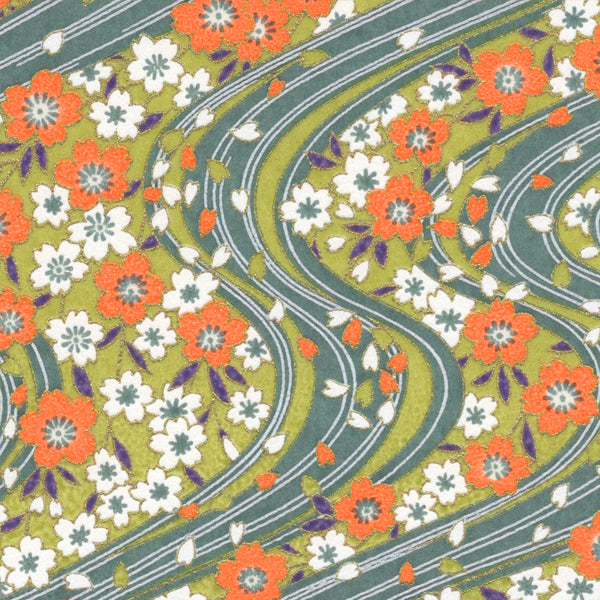 Papier Japonais - Fleurs de cerisier et Rivière - Orange, Vert, Bleu - M733-Papier japonais-AdelineKlam