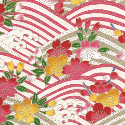 Papier Japonais - Fleurs de cerisier, prunier et Vagues - Rose, Jaune, Or - M737-Papier japonais-AdelineKlam