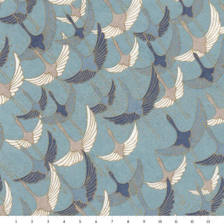 Papier Japonais - Envolée de Grues - Bleu, Bleu Foncé et Taupe - M752