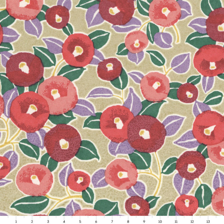 Japanese Paper - Camellias - Red, Green, Mauve and Verdigris - M758