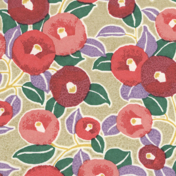 Japanese Paper - Camellias - Red, Green, Mauve and Verdigris - M758