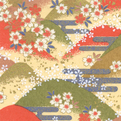 Papier Japonais - Montagne et Fleurs de cerisier - Jaune pâle - M761-Papier japonais-AdelineKlam