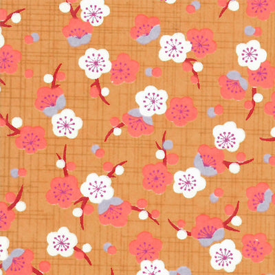 Papier Japonais - Fleurs de pruniers rétros - Caramel et Corail - M789-Papier japonais-AdelineKlam