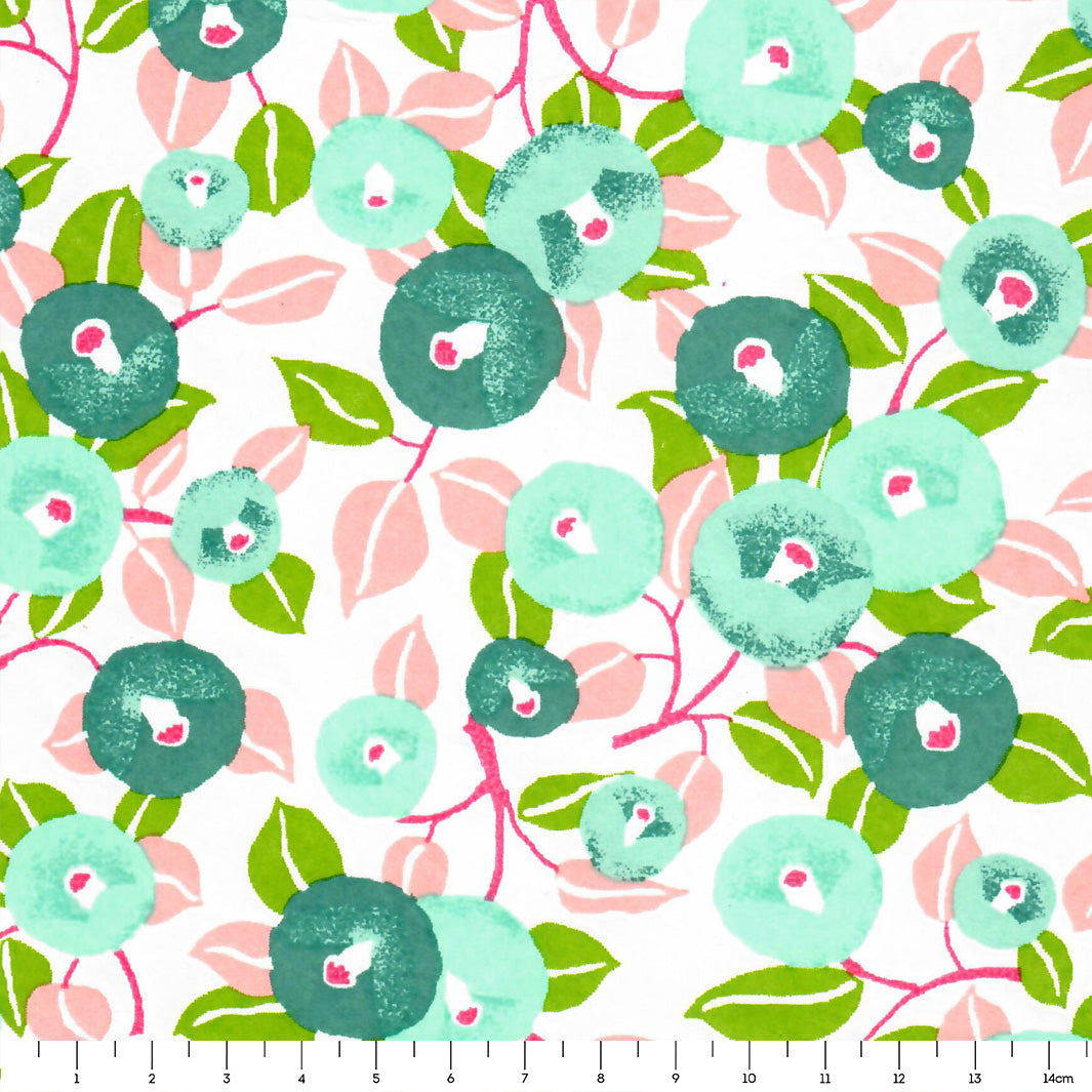 Japanese Paper - Camellias - Green, Water Green and Pink - M809