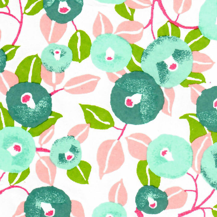 Japanese Paper - Camellias - Green, Water Green and Pink - M809