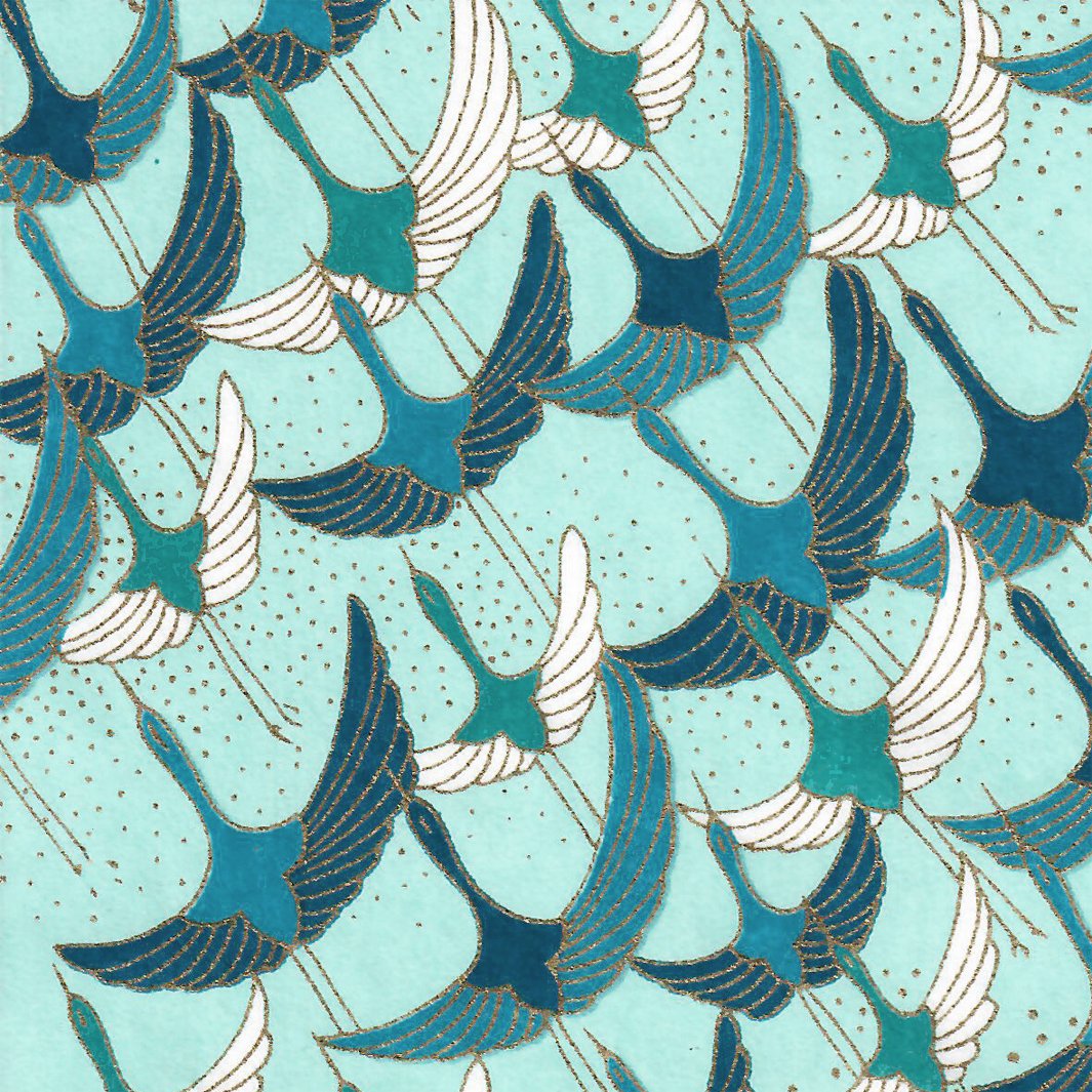 Japanese wall light 3 strips - Flight of Duck Blue Cranes, Water Green Background &amp; Duck Blue Waves - M827 and M651