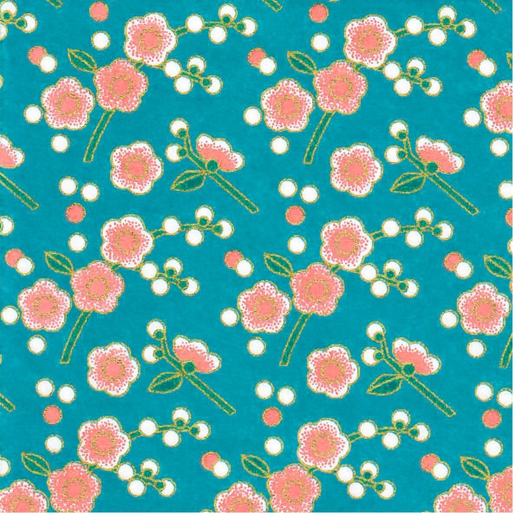 Papier Japonais - Fleurs de Prunier Simple - Bleu, Corail et Vert - M831