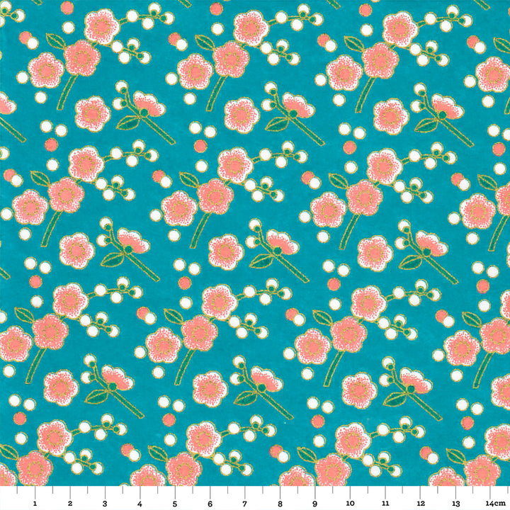 Papier Japonais - Fleurs de Prunier Simple - Bleu, Corail et Vert - M831