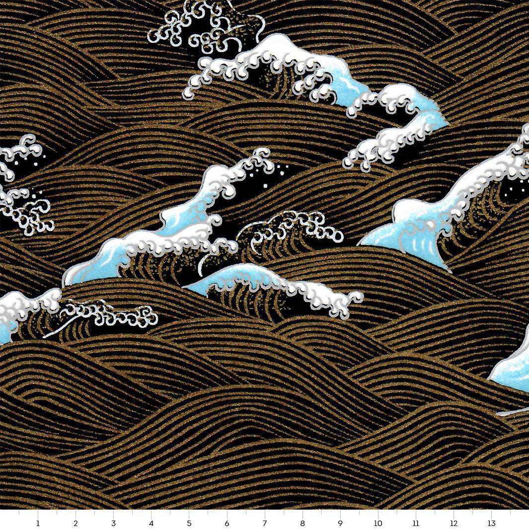 Japanese Paper - Waves &amp; Foam - Black, Sky Blue and Gold - M850