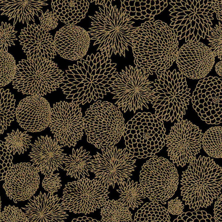 Papier Japonais - Fleurs Pompons - Noir et Or - M869