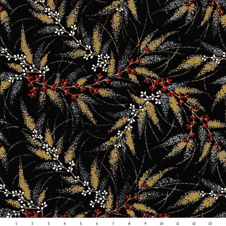 Japanese Paper - Conifers and Berries - Black, Gold, Silver, White and Red - M870