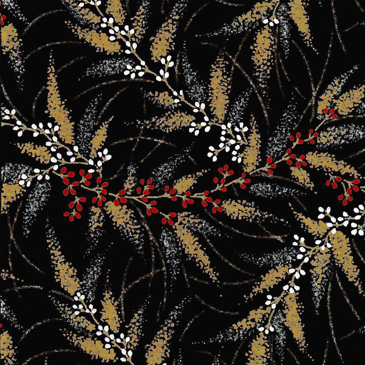 Japanese Paper - Conifers and Berries - Black, Gold, Silver, White and Red - M870