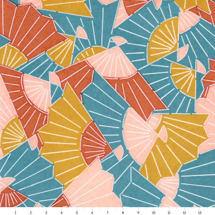 Japanese Paper - Graphic Fans - Caramel, Brick, Duck Blue and Salmon Pink - M880