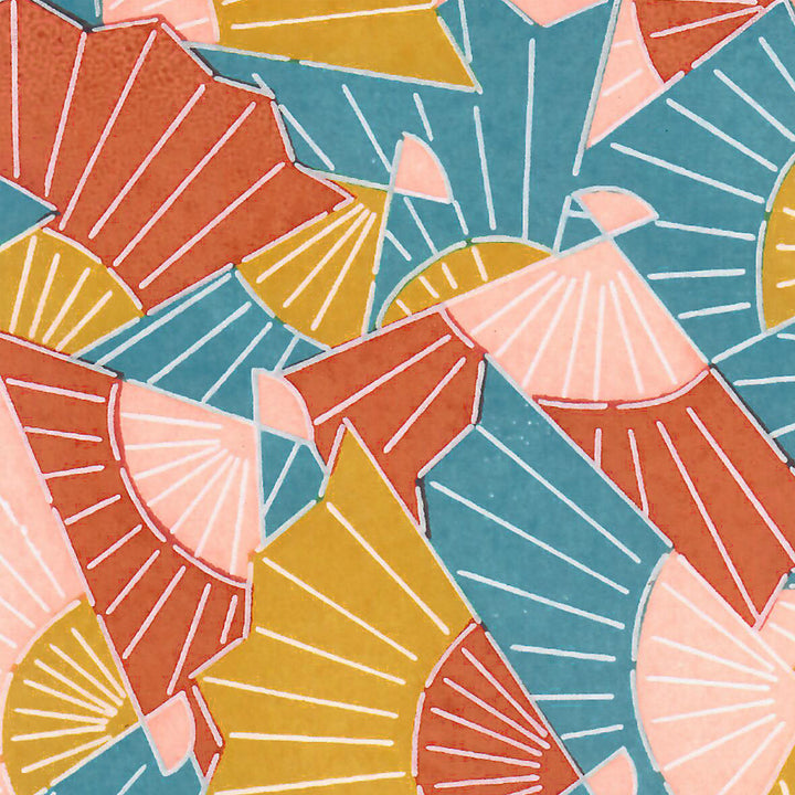 Japanese Paper - Graphic Fans - Caramel, Brick, Duck Blue and Salmon Pink - M880