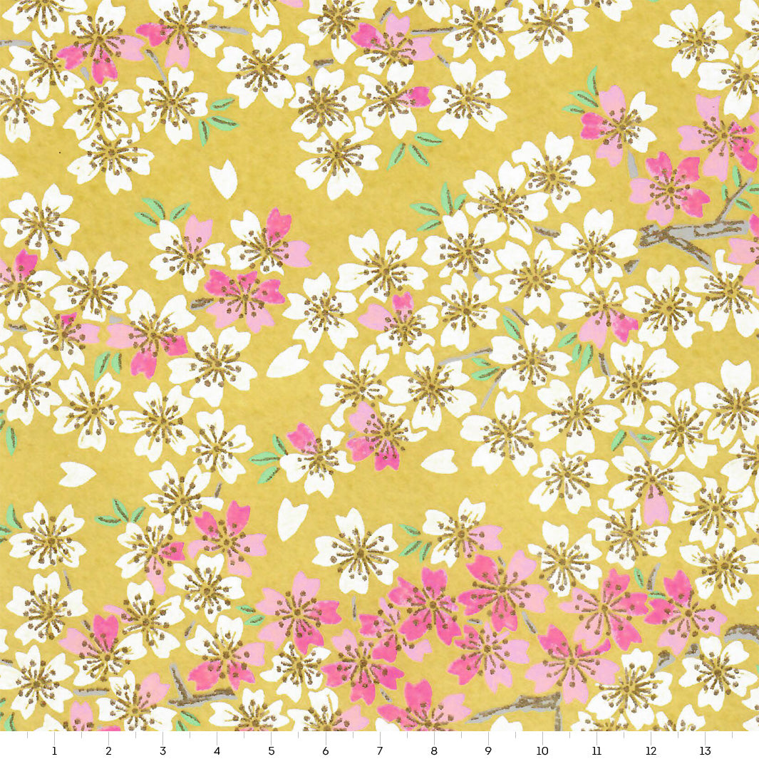 Papier Japonais - Fleurs de Cerisier - Jaune et Fuchsia - M883