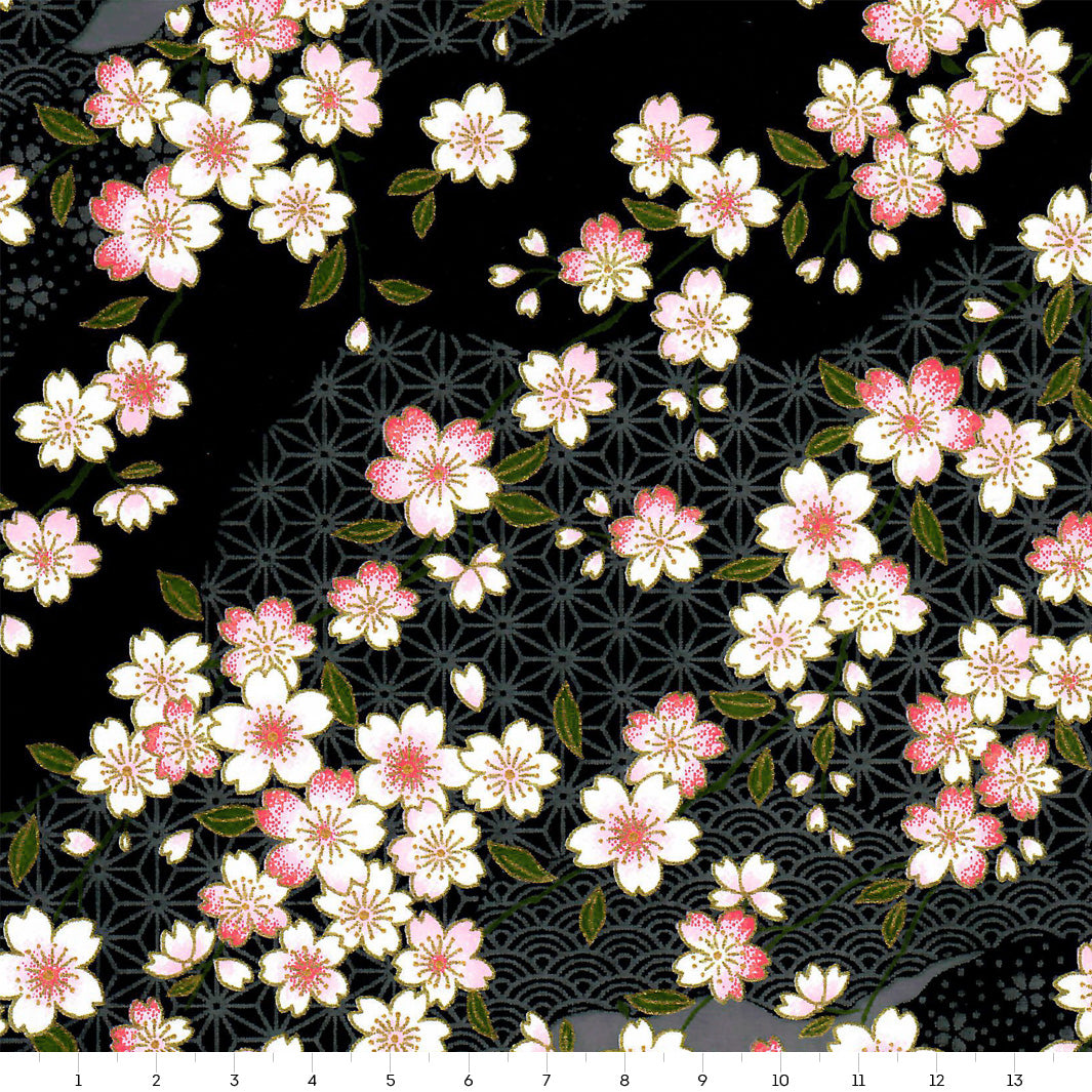 Papier Japonais - Fleurs de Cerisier et Motifs Variés - Noir - M886