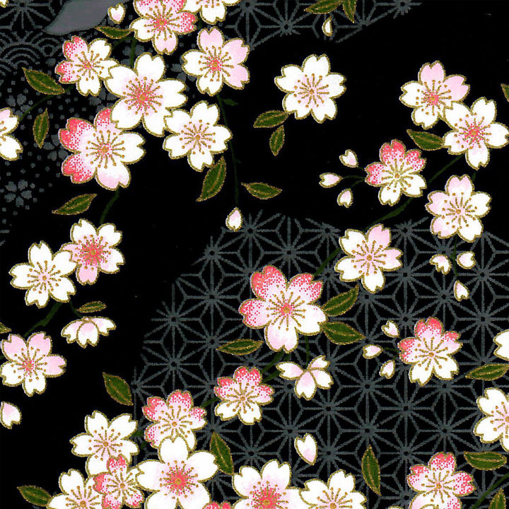 Papier Japonais - Fleurs de Cerisier et Motifs Variés - Noir - M886