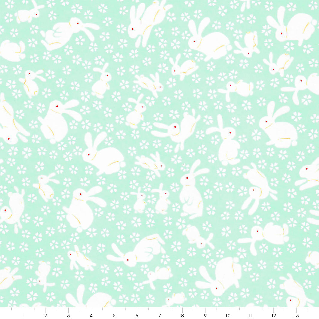 Papier Japonais - Lapins - Vert d'Eau Clair - M889