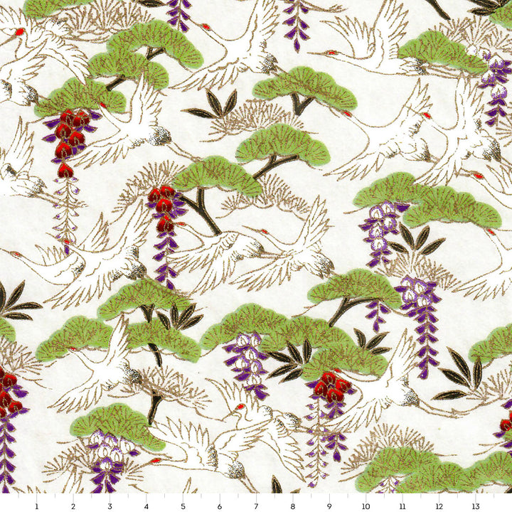 Japanese Paper - Cranes and Forest - Pearly White Background - M893