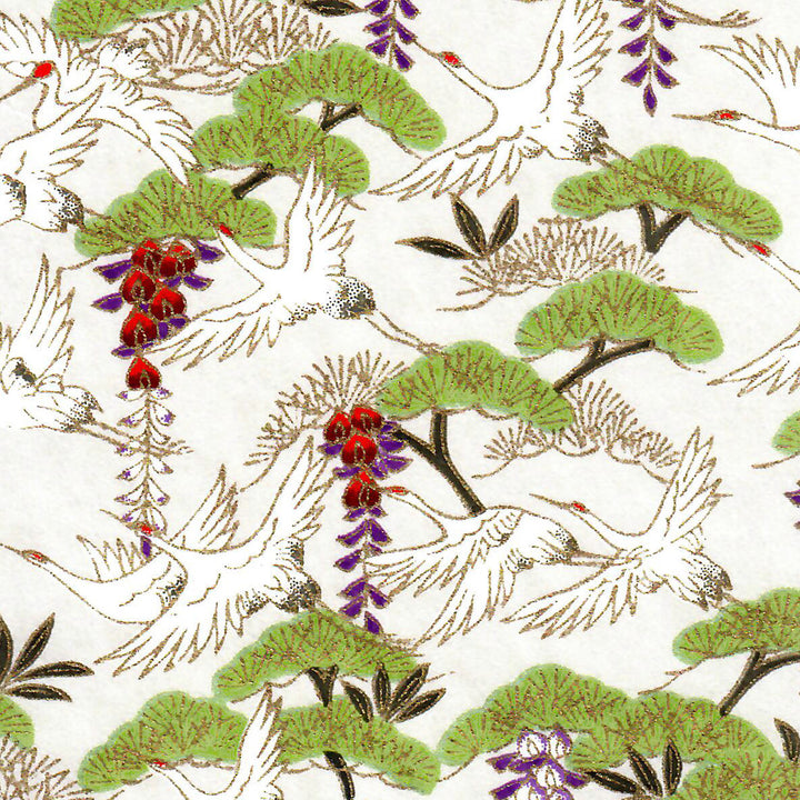 Japanese Paper - Cranes and Forest - Pearly White Background - M893