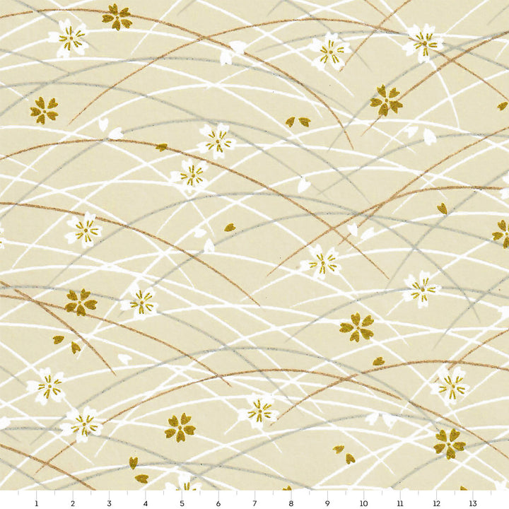 Papier Japonais - Fleurs de Cerisier et Miscanthus - Beige, Or et Argent - M895