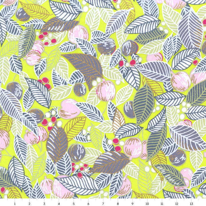 Japanese Paper - Leaves, Berries and Fruits - Acid Green, Dark Gray and Powder Pink - M897