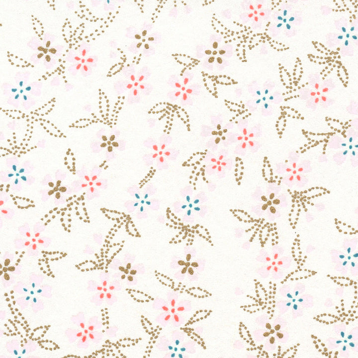 Papier Japonais - Fleurs de Cerisier et Feuillages en Pointillés - Blanc Nacré - M903