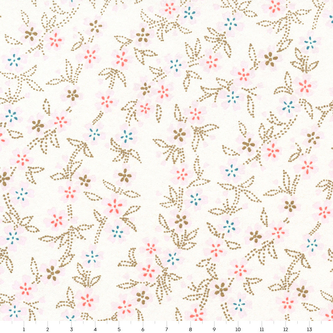 Papier Japonais - Fleurs de Cerisier et Feuillages en Pointillés - Blanc Nacré - M903