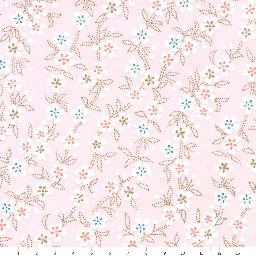 Papier Japonais - Fleurs de Cerisier et Feuillages en Pointillés - Rose Poudré - M904