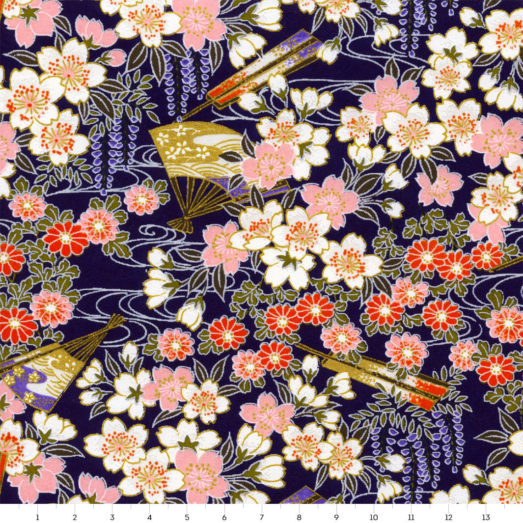 Japanese Paper - Cherry Blossoms, Chrysanthemums, Wisteria and Fans - Purple, Pink, White and Red - M908 