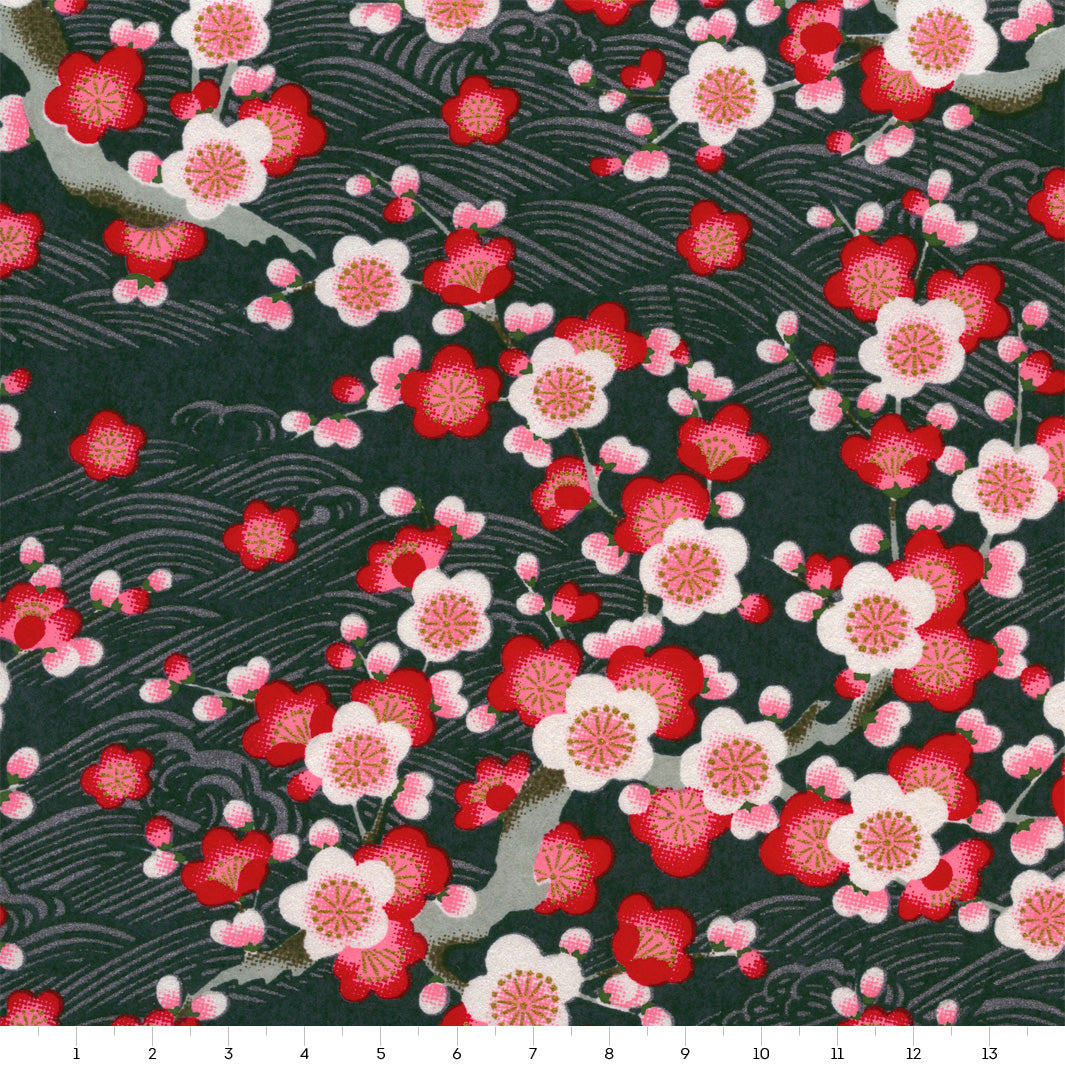 Japanese Paper - Plum Blossoms and Waves - Anthracite Grey, Pearly and Red - M912 