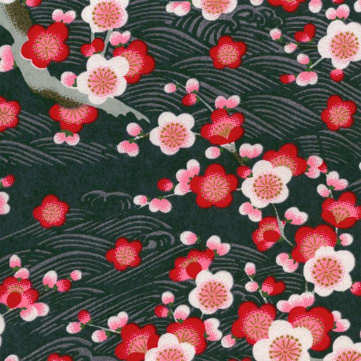 Papier Japonais - Fleurs de Prunier et Vagues - Gris Anthracite, Nacré et Rouge - M912