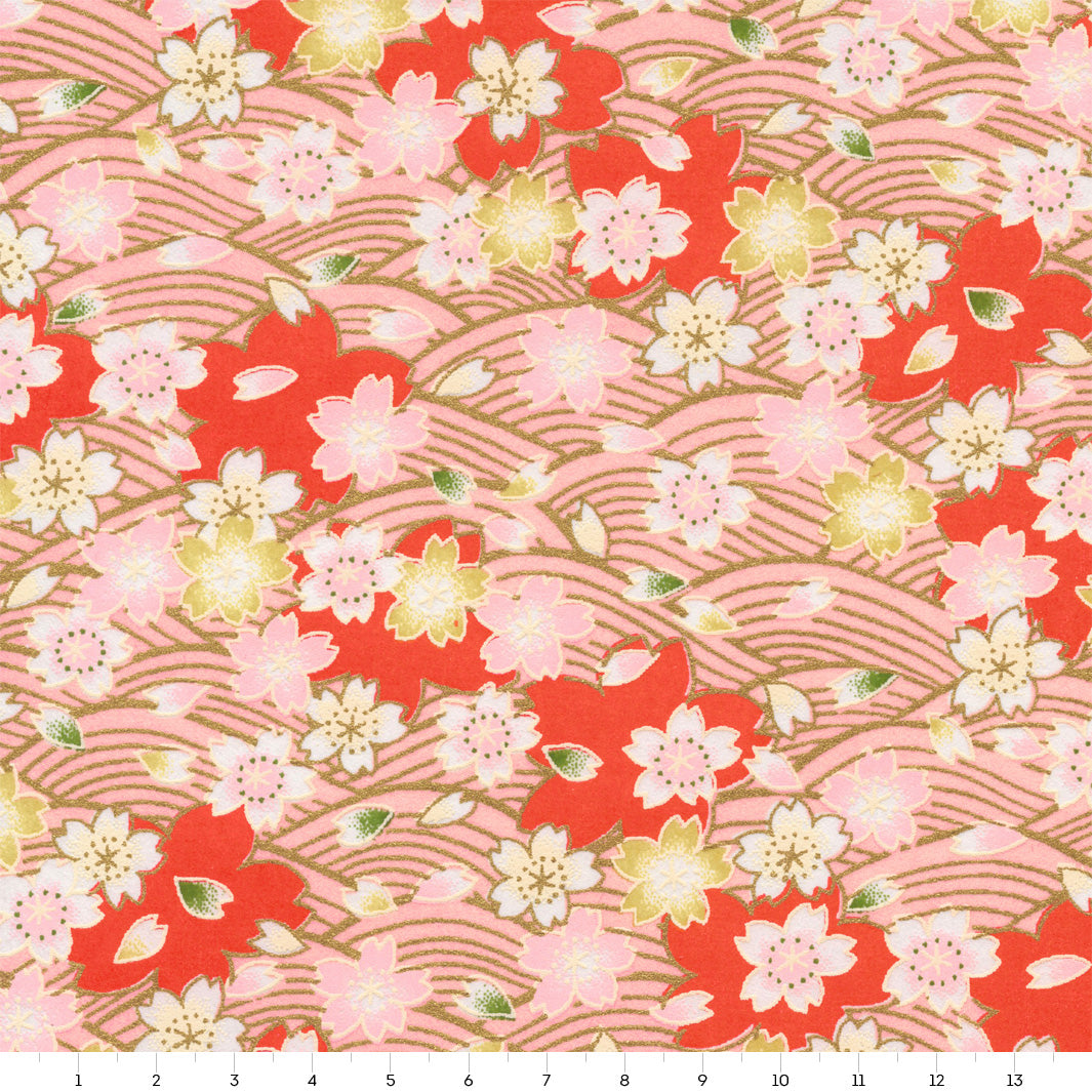 Papier Japonais - Fleurs de Cerisier au Vent et Vagues - Rouge Orangé, Rose et Jaune Clair - M916