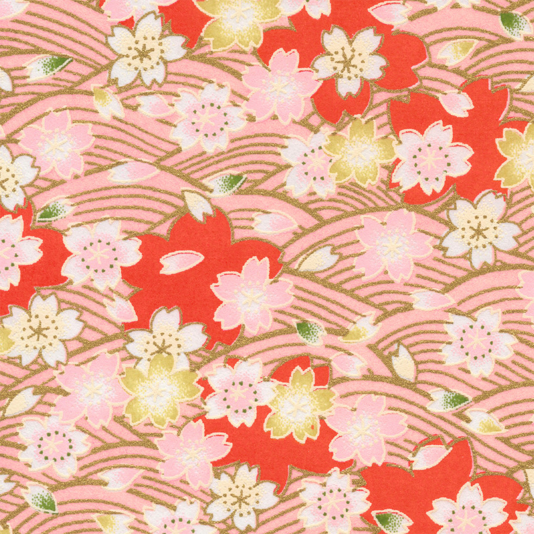 Papier Japonais - Fleurs de Cerisier au Vent et Vagues - Rouge Orangé, Rose et Jaune Clair - M916