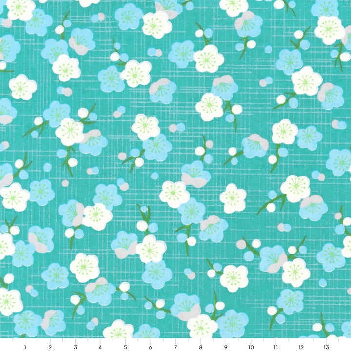 Papier Japonais - Fleurs de Prunier Rétro - Vert d'Eau, Turquoise et Bleu Ciel - M917